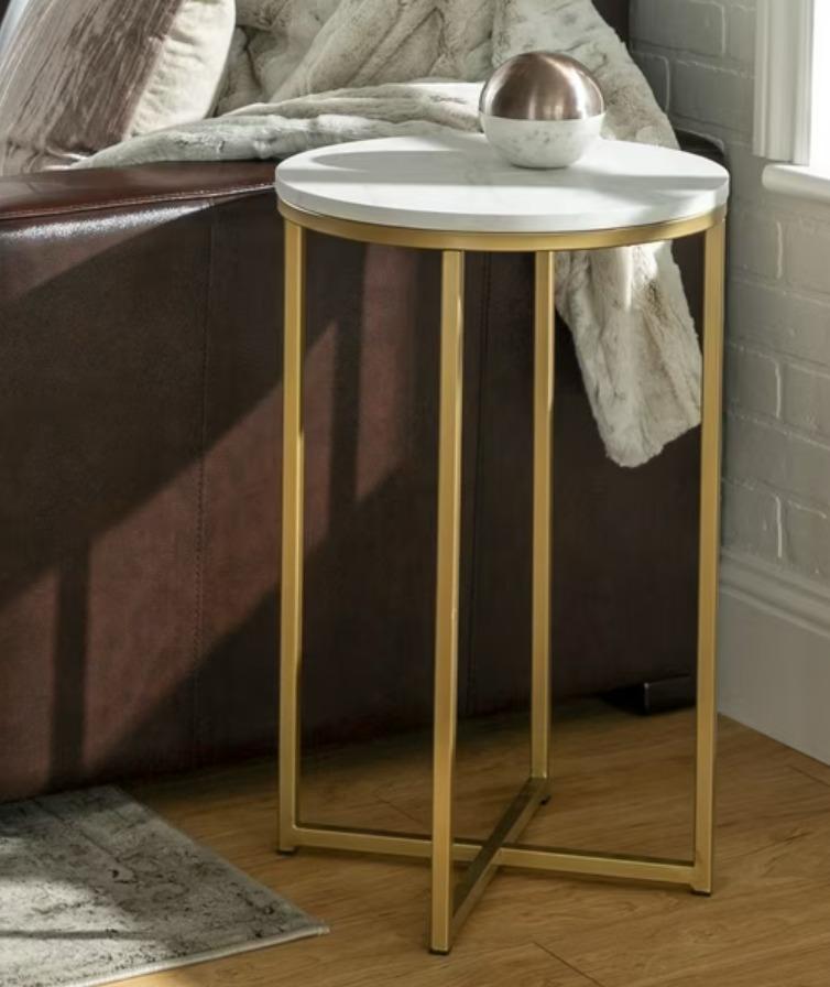 Alissa 16" Glam Round Side Table - Faux White Marble/Gold