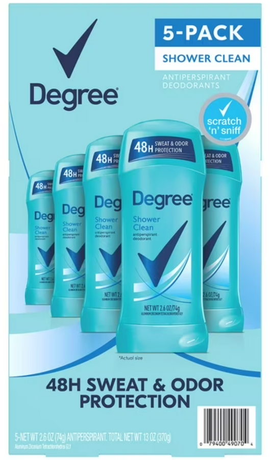 Degree Antiperspirant Deodorant, Shower Clean, 2.6 oz., 5 pk. X18